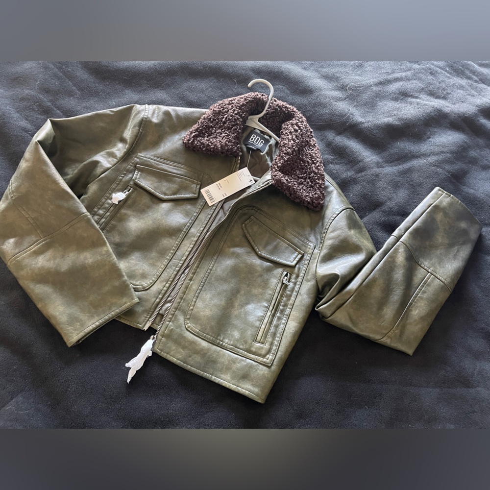 NWT! BDG Olive Faux Leather Jacket with Brown Collar